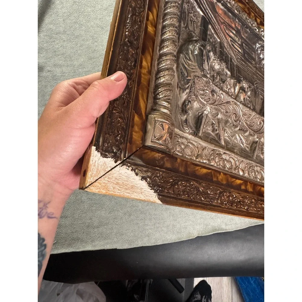 Vintage Last Supper 3D Relief Wall Art Silver Tone Framed Religious Plaque 20x12